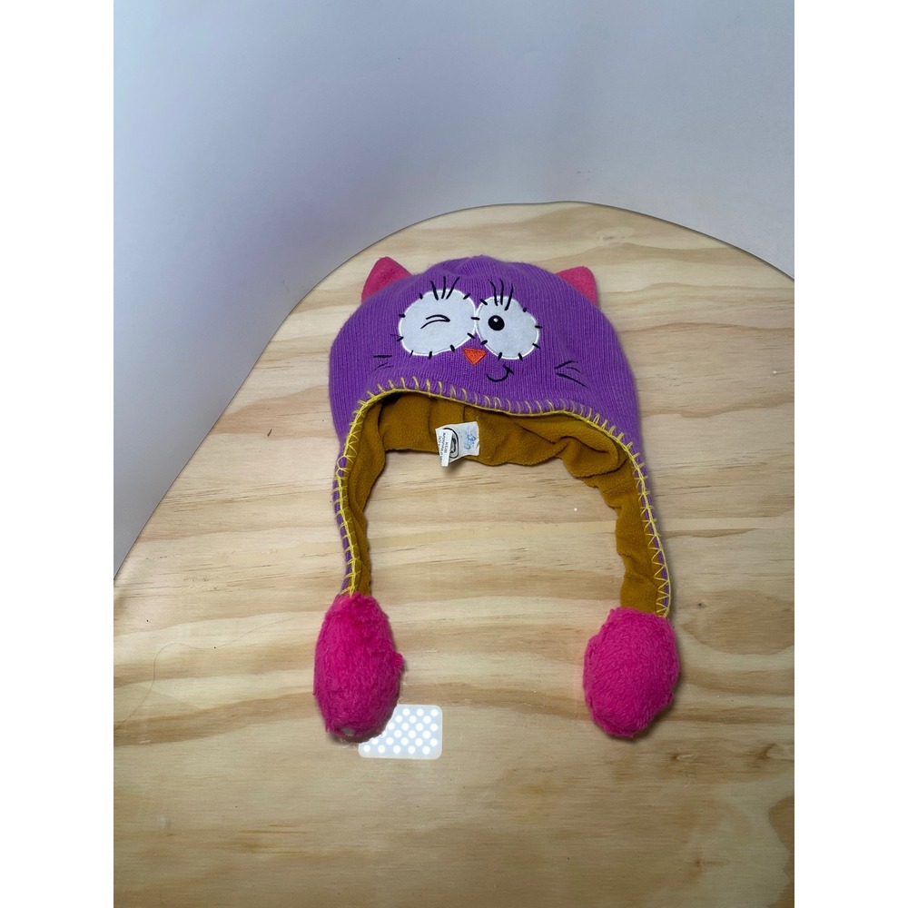 Flipeez Purple Kitty Cat Beanie Animated Tail Flip Winter Hat Pink Poms Kids